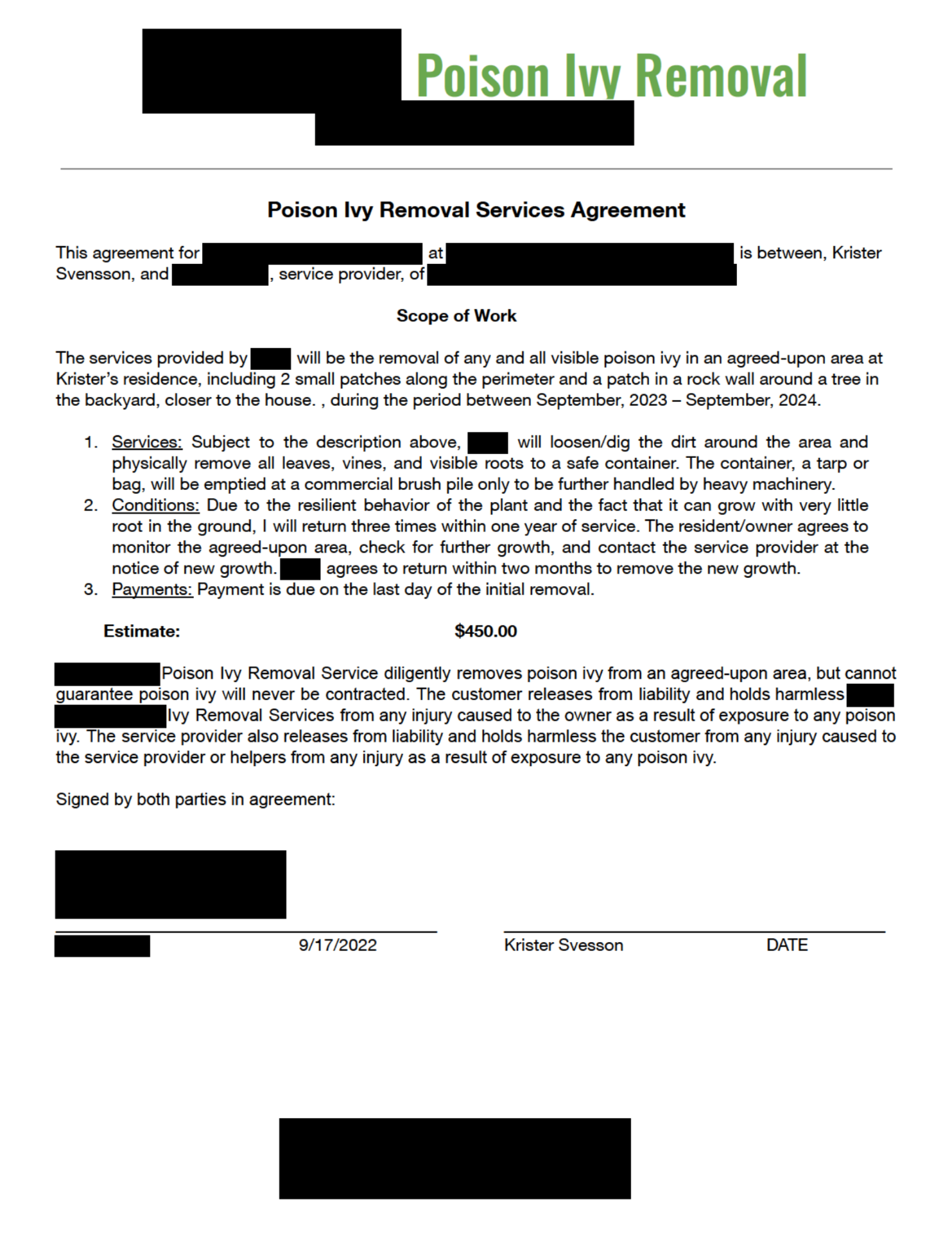 Redacted 2022 proposal from a local landscaper for poison ivy removal